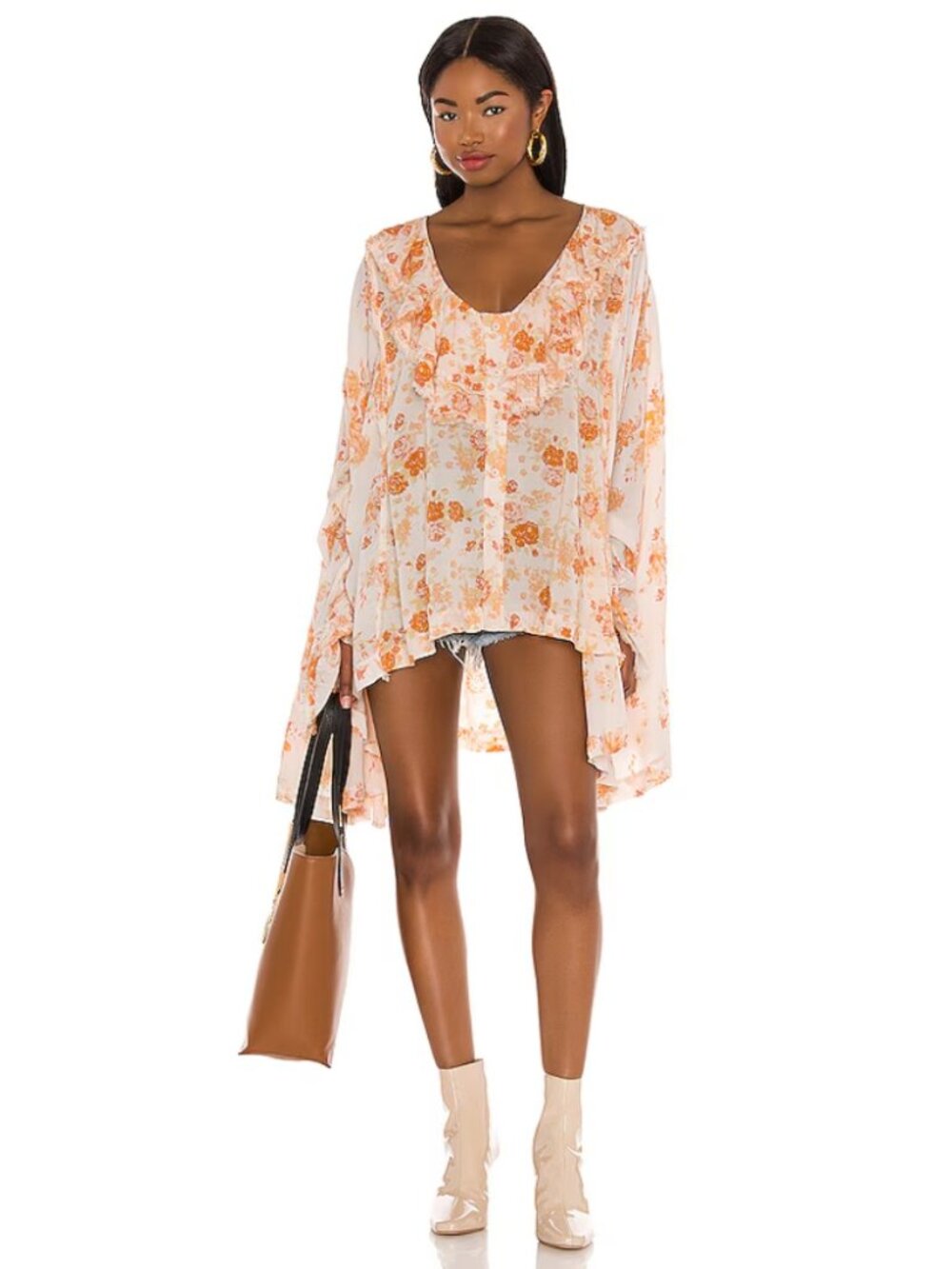 Free People Lorretta Printed Tunic Tea Combo Cream Orange Floral Ruffled Boho S